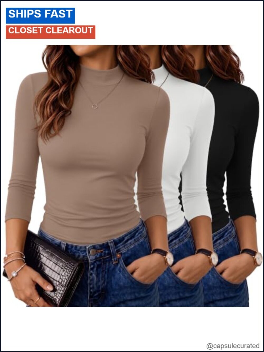 3 Pack Women's Mock Neck 3/4 Sleeve Cotton Blend Pullover Tops